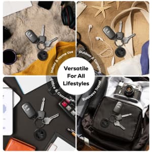 A black tracking tag is positioned with keys, a camera, and various personal items on different backgrounds.