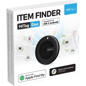 A black tracking tag in a white box with a logo, featuring a map design in the background.