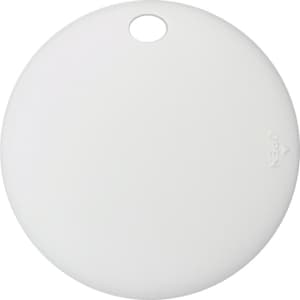 A round white tracking tag with a hole for attachment, featuring a branding logo on one side.