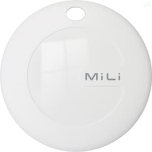 A white circular tracking tag with a glossy finish and a small hole for attachment. It features a logo.