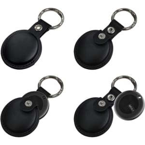 A set of black tracking tags with keyring attachments, featuring a PU case and rounded design.