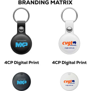 A black and a white tracking tag with keyring attachments, featuring digital prints and logo branding.