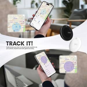 A black and white tracking tag is displayed alongside a smartphone showing a map with location markers.