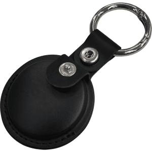 A black tracking tag with a keyring attached, featuring a leather case and metal snap.