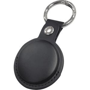 A black tracking tag with a leather-like case and metal keyring attachment.