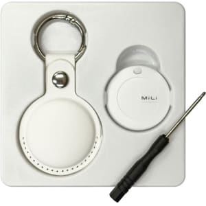 A white tracking tag and keyring, accompanied by a small screwdriver, displayed on a white background.