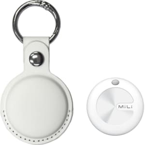 A white MiTag Duo global tracking tag with a PU case, featuring a keyring attachment.