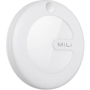 A white MiTag Duo Global Tracking Tag, circular in shape, with a glossy surface and a logo.