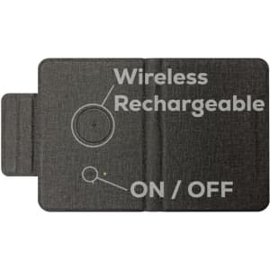 A grey passport holder with a textured finish featuring a wireless charging indicator and an on/off switch.