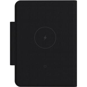 A black passport holder with a simple design and a logo on the front. It includes a global tracking tag feature.