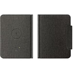 A black passport holder with a textured finish and a built-in tracking tag. It features a logo on the front.