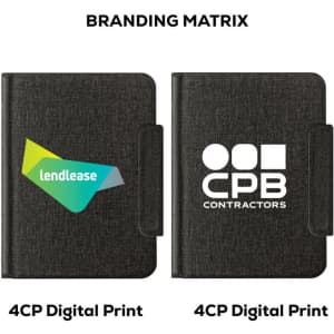 A black passport holder featuring a textured finish and two branding logos on the front.