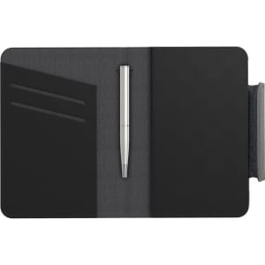 A black passport holder with a sleek design, featuring card slots and a metallic pen.