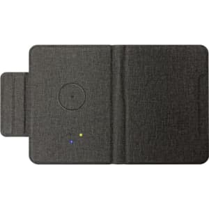 A grey passport holder with a textured finish, featuring a global tracking tag and indicator lights.