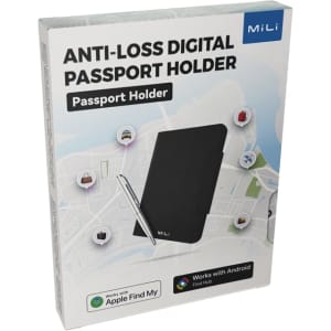 A black passport holder with a pen, packaged with a map design and a logo.
