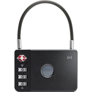 A black luggage lock featuring a numeric keypad and a cable lock. It has a logo on the body.