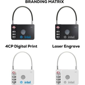 A set of four luggage locks in black and white, featuring combination dials and branding logos.