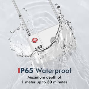 A waterproof luggage lock in a splash of water, featuring a sleek design and a logo.