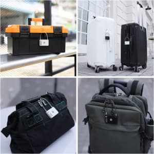 A collection of luggage and bags in various colours, featuring the MiLock Duo Tag Luggage Lock secured to each.