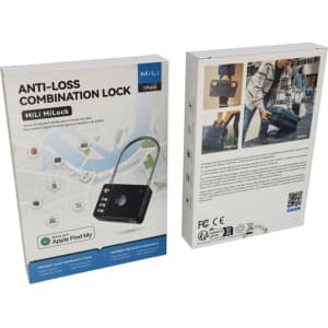 A box for the MiLock Duo Tag Luggage Lock featuring a combination lock design, with images and a logo. The packaging is predominantly black and white.