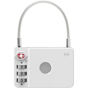 A silver luggage lock with a combination dial and a cable loop, featuring a small logo.
