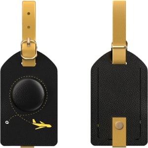 A black luggage tag with a yellow strap featuring a plane and circular design. The reverse side is plain.