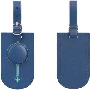 A blue luggage tag featuring a circular attachment and a textured design, with a pocket on one side.