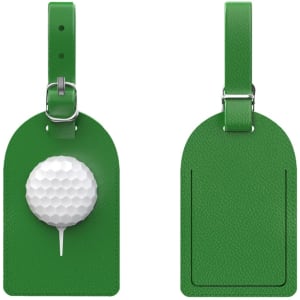 A green luggage tag featuring a white golf ball design on one side and a blank surface on the other.