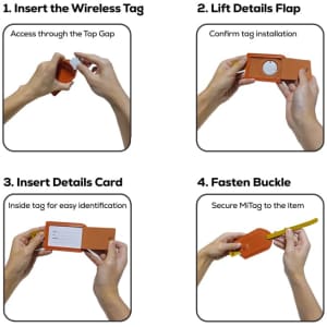 A set of four images illustrating the steps to use the orange MiTag Duo Luggage Tag, showing hands performing each action.