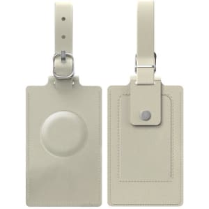 A beige luggage tag with a rounded section on one side and a snap fastener on the other. It features a metal attachment.
