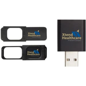 A black USB flash drive with removable privacy covers, featuring a logo on the surface.