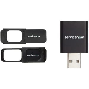 A black USB flash drive with two privacy covers, featuring a logo on the surface.