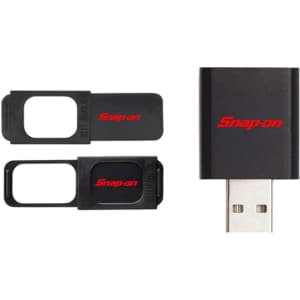 A black USB webcam cover with two sliding caps, featuring a logo.