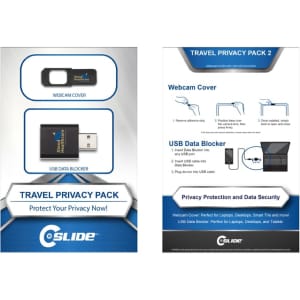 A promotional pack featuring a black webcam cover and a USB data blocker, presented with a branded design.