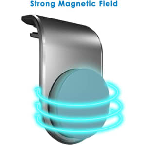 A metallic car phone holder with a blue magnetic disc and a sleek design, featuring a logo.
