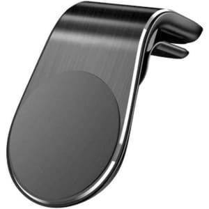 A black magnetic car phone holder with a sleek design, featuring a circular grip and a logo on its surface.
