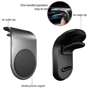 A magnetic car phone holder in black and silver features an air outlet clip for easy one-handed operation.
