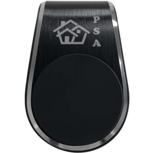 A magnetic car phone holder in black with a sleek metallic finish and a logo.