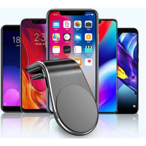 A sleek black magnetic car phone holder stands in front of a variety of smartphones in different colours and sizes.