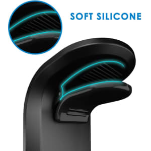A black magnetic car phone holder with soft silicone detailing and a logo, featuring a sleek design.