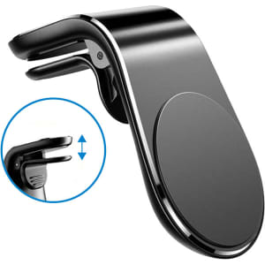 A black magnetic car phone holder with an adjustable clip and a circular attachment area. It features a logo.