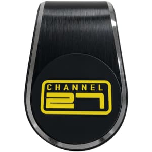 A sleek black and silver magnetic car phone holder with a circular centre featuring a logo.
