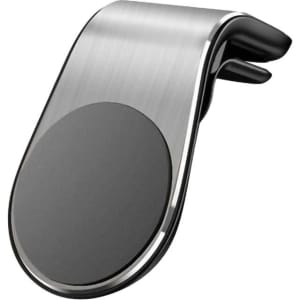 A metallic car phone holder with a sleek design featuring a circular magnetic surface and a clip attachment.
