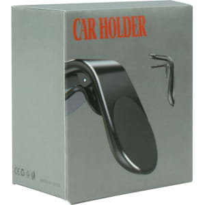 A black car phone holder packaged in a sleek grey box featuring a logo.