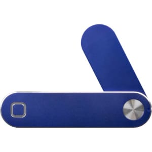 A blue laptop extension arm with adjustable sections, featuring a metallic button. Includes a logo on the surface.