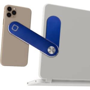 A blue laptop extension arm is displayed, holding a gold phone against a light laptop. The arm features a metallic accent.