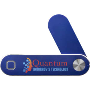 A blue phone stand with a logo, featuring a folding design and a rounded button.
