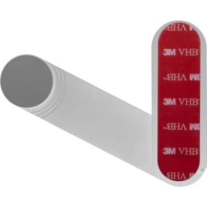 A silver and red laptop extension arm with adhesive backing for mounting purposes. It features a minimalistic design.