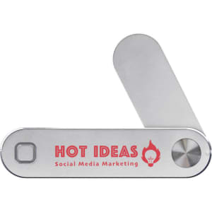 A silver multi-tool with a folding blade and branding. Simple design suitable for various tasks.