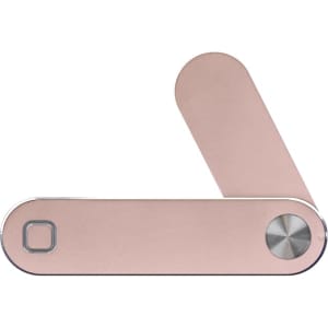A rose gold laptop extension arm with a sleek design and a round knob, featuring a logo on the side.